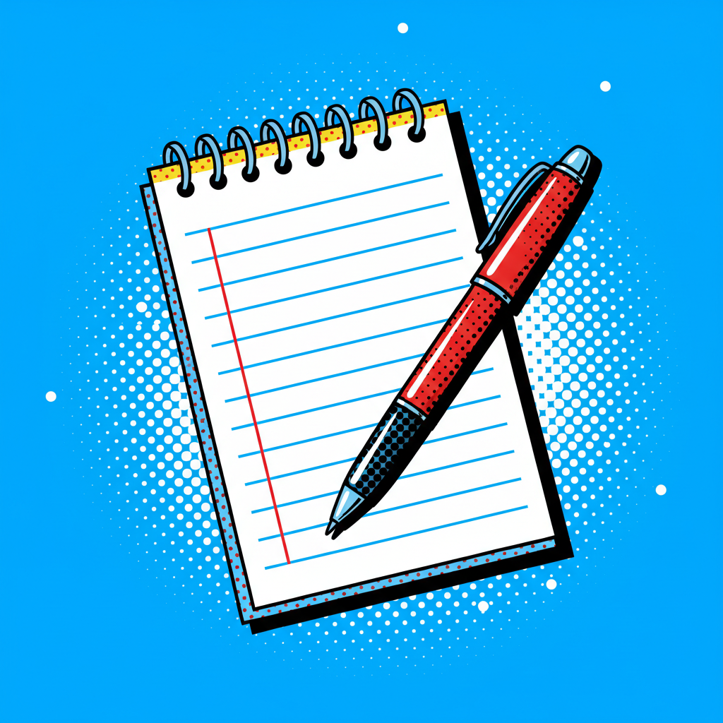Comic style illustration of a notepad and pen